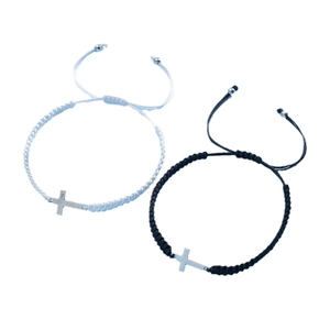 Minimalist handmade braided cross bracelets set for couples in black and white colors