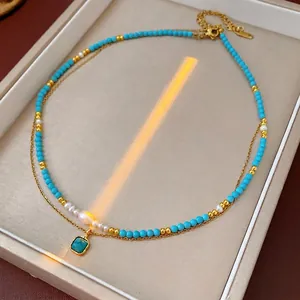 Collana A Doppio Strato Con Turchese E Perla Dacqua Dolce Ciondolo Quadrato Placcato Oro Stile Bohémien Vintage Donna