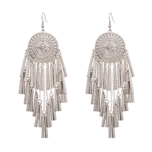 Vintage silver tassel drop earrings with bohemian geometric round discs in ethnic style