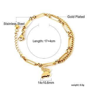 Detailed view of a gold plated stainless steel butterfly bracelet with size specifications