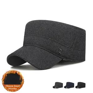 Men Winter Cadet Cap Fleece Lined Flat Top Hat With Ear Flaps Warm Windproof Outdoor Casual Adjustable Cotton