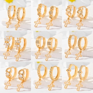 Vergoldete Kupfer Zirkonia Kreuz Creolen Tropfen Ohrringe Für Damen Mode Religiös Herz Blatt Libelle Schmuck