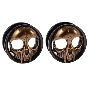 Pair of vintage bronze skull ear plugs with black expanders in high polished stainless steel
