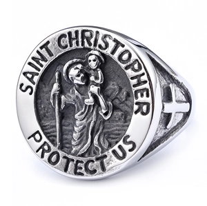 Vintage Saint Christopher stainless steel ring with religious relief and engraved protection text