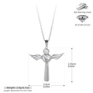 Detailed dimensions of the S925 sterling silver winged heart cross necklace with 5A zirconia