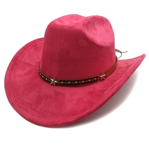 Close-up of rose red suede cowboy hat with studded leather band and star rivets