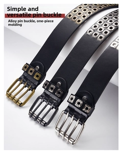 Close-up of double-prong alloy buckles in three colors on punk style grommet belts