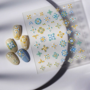 Bohemian 5D embossed nail stickers FEB-630 with 3D blue and yellow floral relief design