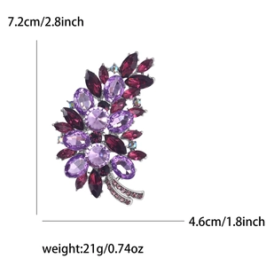Elegant purple crystal tree brooch with silver stems, 7.2x4.6cm size dimensions
