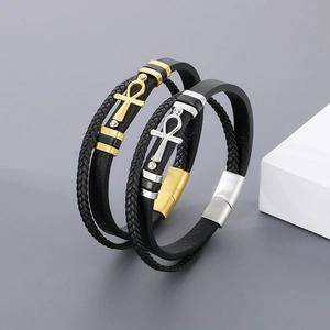 Men Multi Layer Braided Leather Bracelet With Stainless Steel Ankh Cross Charm Magnetic Buckle Retro Gothic Jewelry