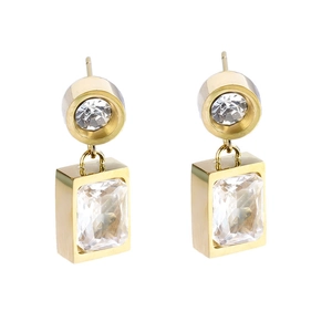 18K gold plated stainless steel square malachite drop earrings with cubic zirconia