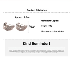 Detail specifications of silver-tone textured C-shape copper earrings weighing 10.5g