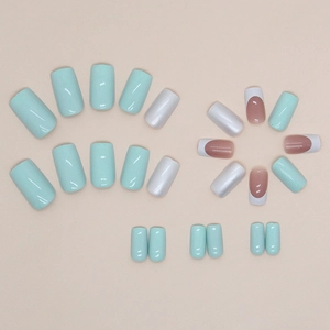 Aurora silver and mint green square press-on nails set with glossy pearl finish