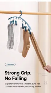 Detail of blue multi-clip hanger showing strong grip holding various colored socks