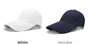 Detailed comparison of white and navy blue cotton baseball caps with curved brims