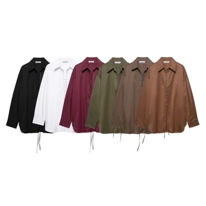 Women Long Sleeve Blouse Polyester Lace Up Front Metal Eyelets Sexy Solid Color V Neck Loose Shirt Tops