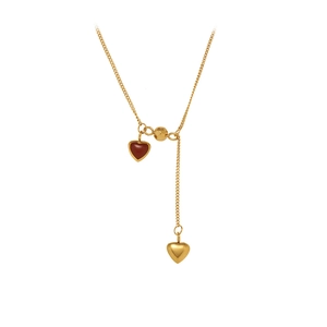 French Style Stainless Steel Heart Pendant Necklace For Women Gold Plated Tassel Rum Red Enamel Sweet Fashion Jewelry