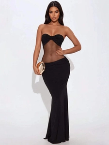 Women Sexy Tube Top Mesh Patchwork See Through Bodycon Maxi Dress Nightclub Party Milk Satin Polyester Elastane Slim Fit
