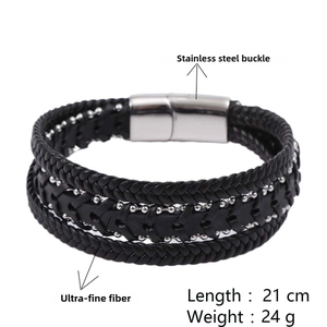 Detail view of black multi-layer braided bracelet with stainless steel magnetic clasp