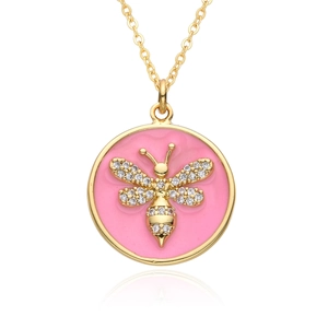 Gold plated necklace with pink enamel bee pendant and sparkling rhinestones on white background