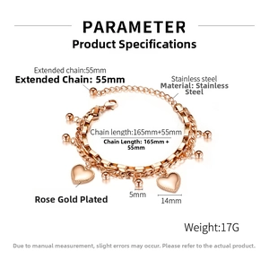 Rose gold stainless steel layered bracelet with heart pendants and bead details