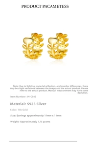 Détails des boucles d'oreilles feuilles en argent S925 plaqué or 18 carats avec mesures