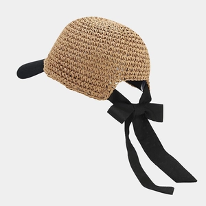 Japanese style straw baseball cap with black brim and bow tie decoration for women