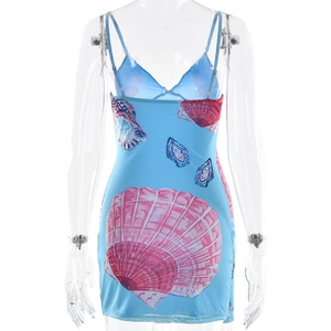 Detail view of the back of a light blue floral mini dress with pink shell prints