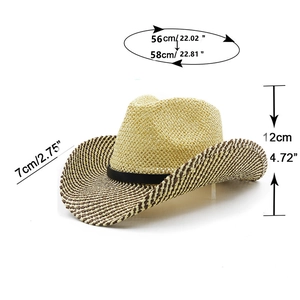 Beige raffia straw cowboy sun hat with black band and wide brim for summer travel