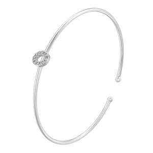 Detail of adjustable silver bangle with pavé-set zirconia circle pendant on white background