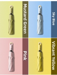 Detailed grid view of foldable umbrellas in green, blue, pink, and yellow with ring handles