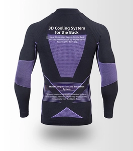 Detail of 3D cooling and thermal siphon system on back of black sports compression base layer