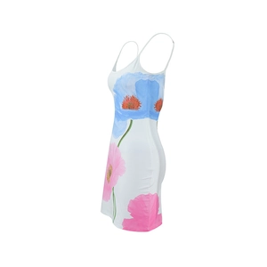 Detail of floral printed summer dress showing side view and thin spaghetti straps