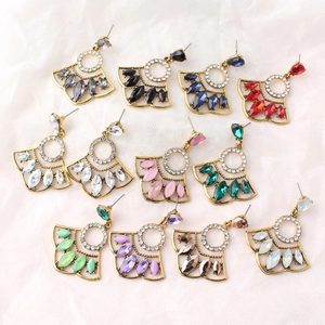 Bohemian fan-shaped earrings with colorful crystals and gold-plated alloy base