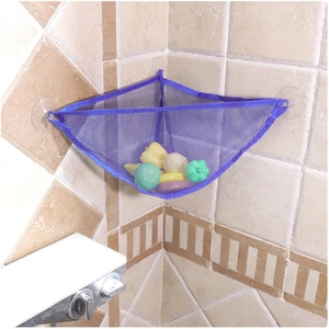Purple triangular mesh bathroom toy organizer with three suction cups for corner storage