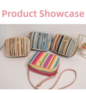 Detail of colorful woven straw bags with metallic zip and slim shoulder straps