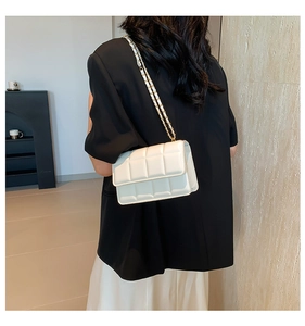 White checkered crossbody bag with gold chain strap shown on model shoulder