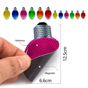 Detail showing the magnetic backing and reflective surface of colorful bulb stickers