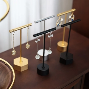 T-bar metal earring stand set in gold, black, and silver finishes for jewelry storage