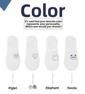 Detailed view of four pairs of white low-cut invisible cotton socks with cute animal embroidery