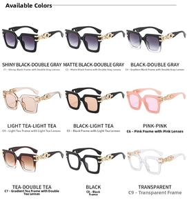 Detail view of square sunglasses with metal chain temples in nine various color options