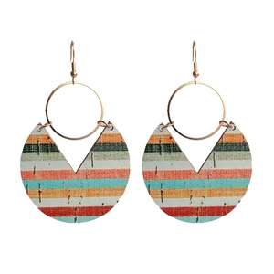 Bohemian semi-circle drop earrings with colorful striped print on a white background