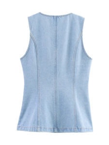 Back view of light blue denim vest showing clean stitching and high-quality fabric texture
