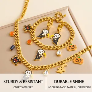 Detailed set of Halloween jewelry with pumpkin, skull, and ghost charms on display