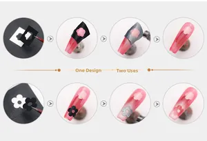Nail art stencil guide showing two ways to apply floral patterns with airbrush spray