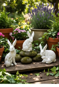 Détail de trois statues de jardin en résine en forme de lapin avec texture de fourrure