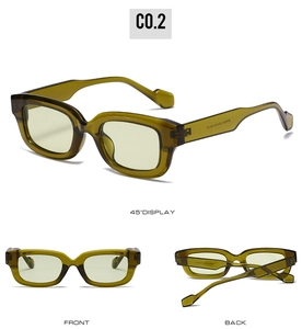 Detailed views of vintage square frame sunglasses in stylish olive green finish