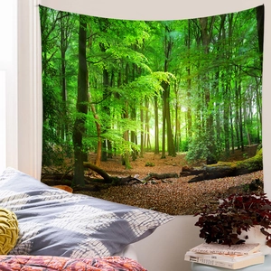 Wald-Natur-Wandteppich mit grünen Bäumen und Sonnenlicht für die Zimmerdekoration