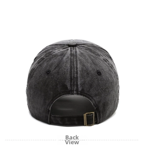 Detail view of the adjustable metal buckle on back of black washed denim baseball cap