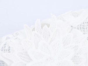 Gros plan macro sur le tissu en dentelle blanche avec motifs floraux ajourés brodés